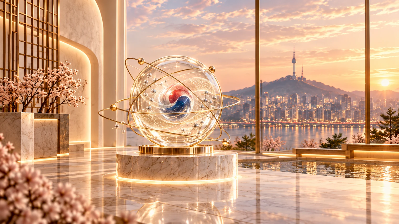 Instalação Seoul Signature: esfera sobre pedestal de mármore com o skyline de Seul ao fundo